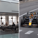 F1 car racing parallel to executive meeting, symbolizing champion traits in both fields.