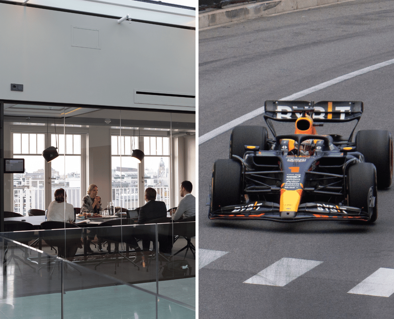 F1 car racing parallel to executive meeting, symbolizing champion traits in both fields.