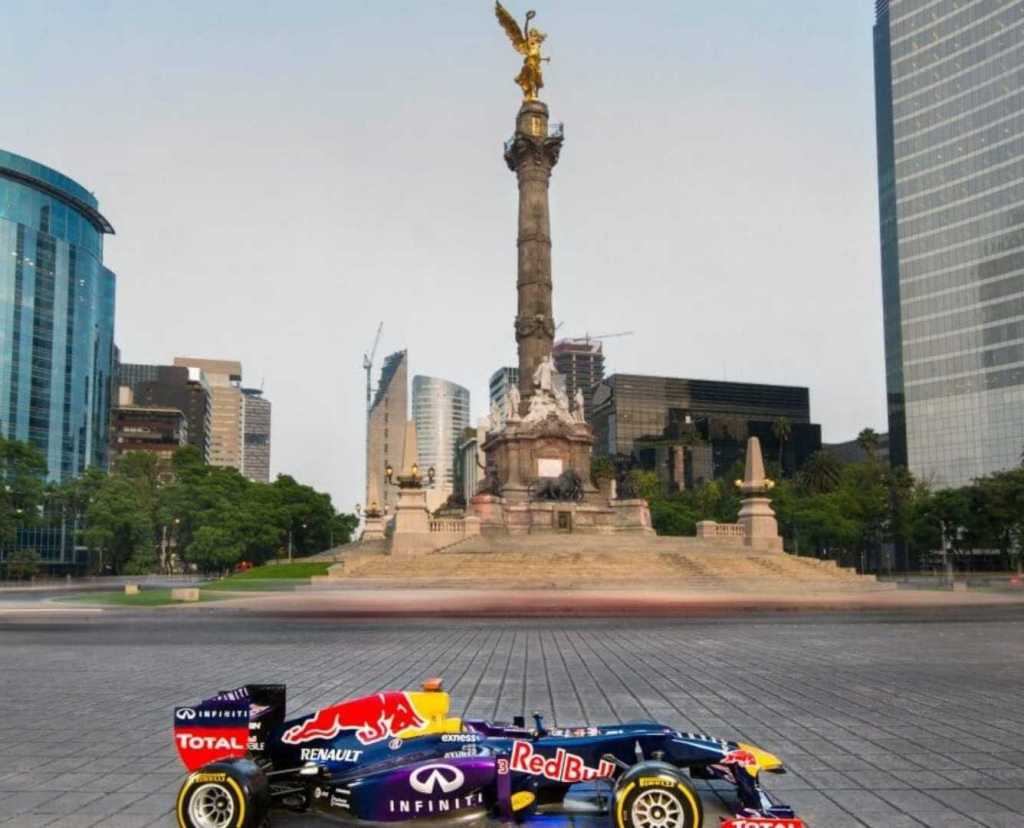 F1 start line merging into a bustling corporate skyline, symbolizing the strategic race in executive search in Mexico.