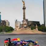 F1 start line merging into a bustling corporate skyline, symbolizing the strategic race in executive search in Mexico.