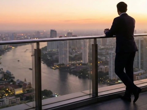 Founder contemplating next chapter while overlooking city skyline at dawn