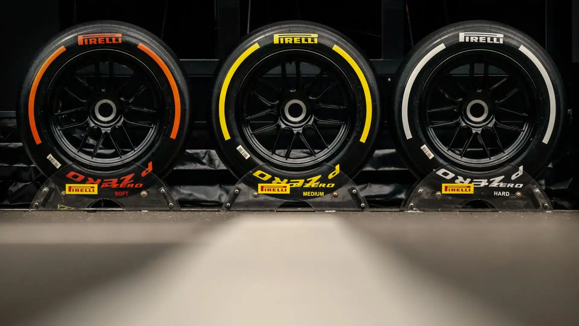 Formula 1 tire compounds displayed side by side, showing different durability profiles, illustrating how executive calibration must match organizational conditions