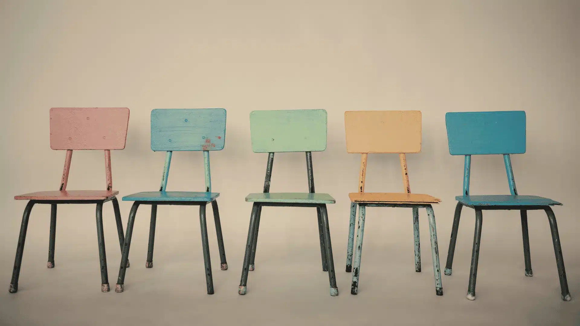 Five identical chairs arranged symmetrically around a table, representing search committee bias toward sameness